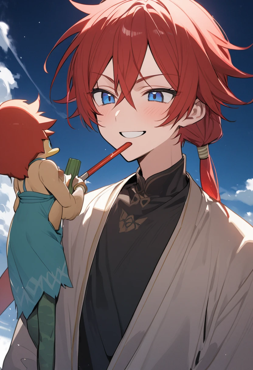 A tall boy of 1.90 cm with red hair, blue eyes like the sky and very beautiful with a cocky smile 
