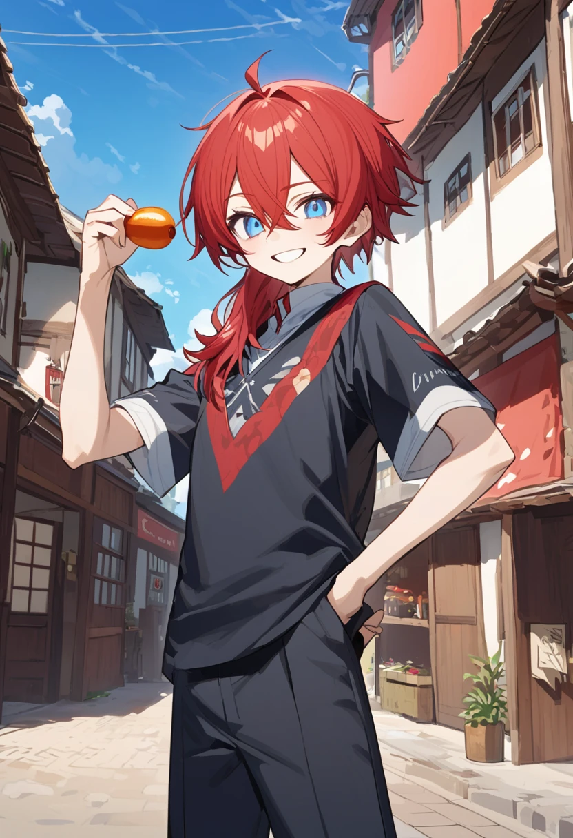 A tall boy of 1.90 cm with red hair, blue eyes like the sky and very beautiful with a cocky smile 