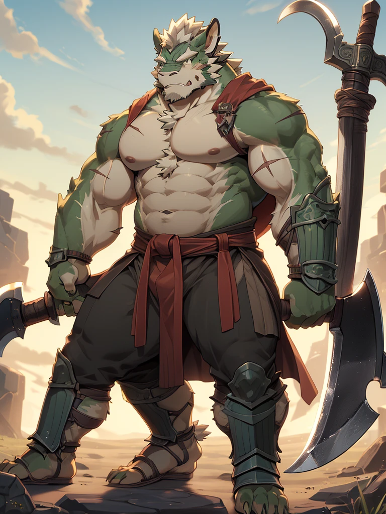 a furry eastern dragon, long whisker, green fur, bare chest, big chest, big build, warrior waist armor, sandal, ((eastern dragon), ((green dragon)), ((waist armor)), furry art, full body, mature, tall, daddy, muscular, rounded face, ((no coat)), ((berserker)), scar body, (scar), bare body, many scars on body, scar face, long beard, very muscular, beefy body, (((bare chest))), (((large pecs))), (((hold a great axe))), action pose