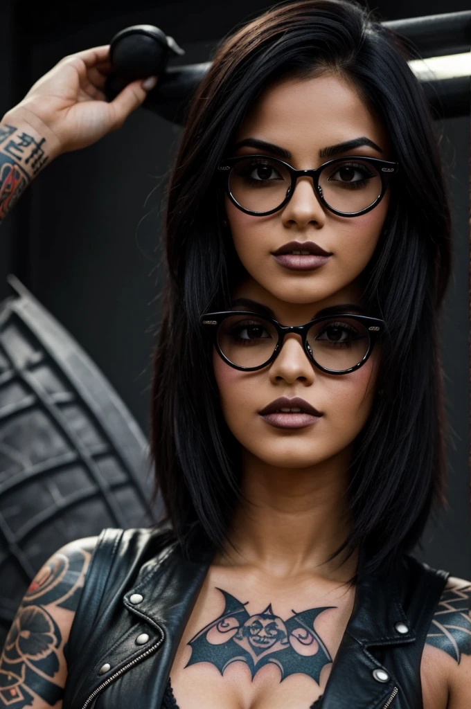 Chica gotica mexicana de pelo corto con lentes, ni linda ni fea, with a large bust and a bat tattoo on the left chest