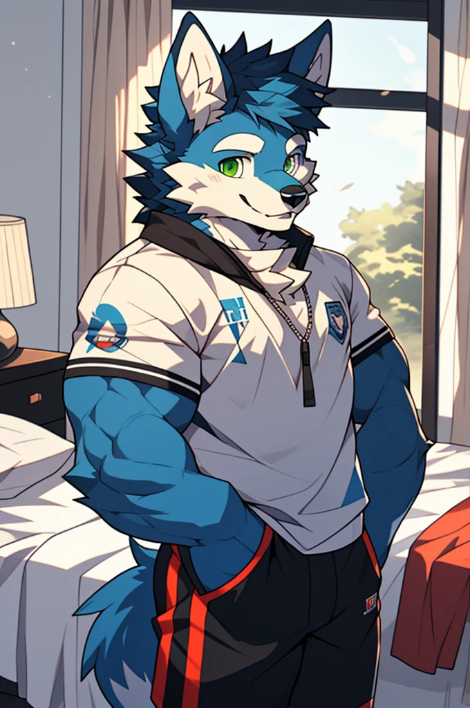 (high definition, Dynamic HDR, 4k, Full HD), furry, 18 years old, relax, blue fur, wolf, Tall, blue fur, green_eyes, Random clothes, A smile on his face., bedroom, upper body, cute, handsome, alone, clear face, muscle, teenager