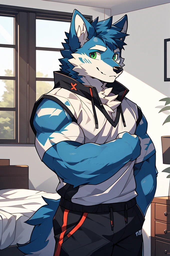 (high definition, Dynamic HDR, 4k, Full HD), furry, 18 years old, relax, blue fur, wolf, Tall, blue fur, green_eyes, Random clothes, A smile on his face., bedroom, upper body, cute, handsome, alone, clear face, muscle, teenager