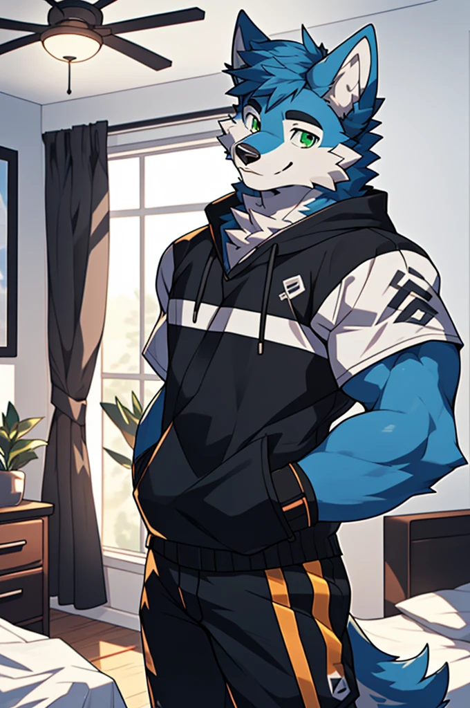 (high definition, Dynamic HDR, 4k, Full HD), furry, 18 years old, relax, blue fur, wolf, Tall, blue fur, green_eyes, Random clothes, A smile on his face., bedroom, upper body, cute, handsome, alone, clear face, muscle, teenager