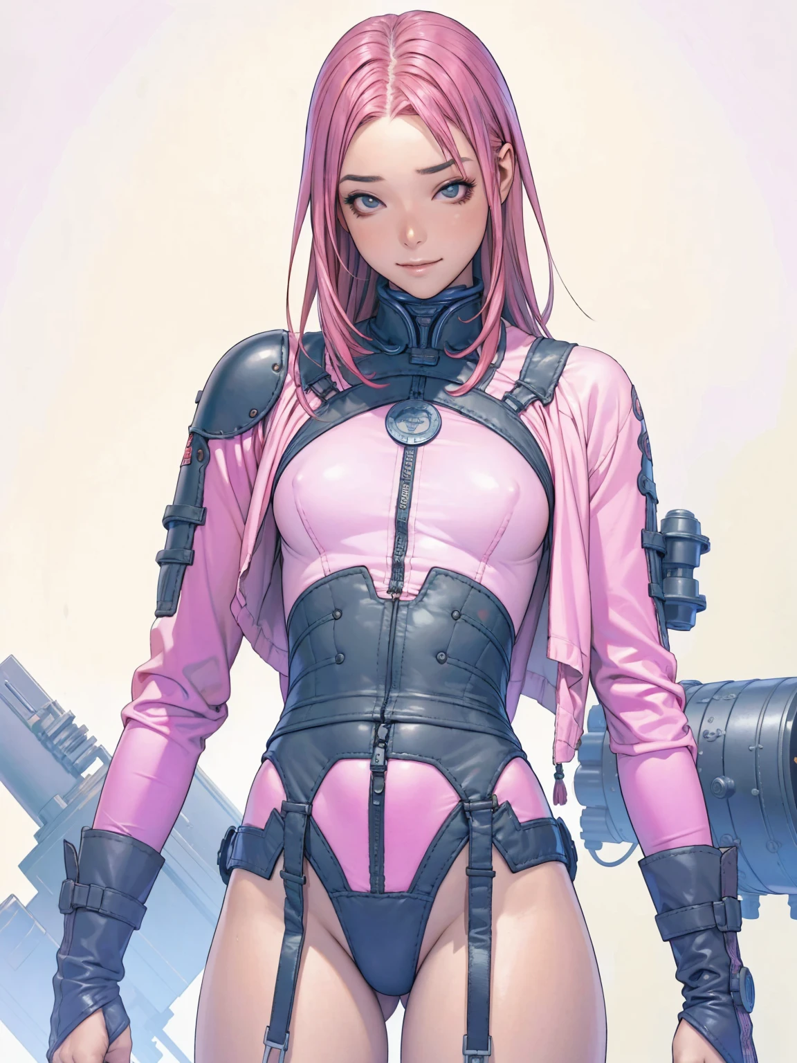 (((Pink Suit))), (((cabelo bob branco))), (((devilish smile))), (((melhor qualidade: 1.4))), (((Pink hair))), (((DuneWalker))), (((post-apocalypse))), (Unbeatable masterpiece), (hiper HD),(CG 8k hiper-realista), 1Garota armada em um mundo futurista usando roupas coloridas e modernas. Corte de cabelo ultra moderno, perfect body with robotic parts, seios grandes, bunda perfeita, muscles without exaggeration, rosto lindo com olhos azuis penetrantes, add textures to clothes and create something different from the usual, add accessories like garter belt, espartilho e luvas com listras, pele bronzeada e com brilho de molhado, industrial environment with giant heavy machines, Intricate machinery and giant robot parts