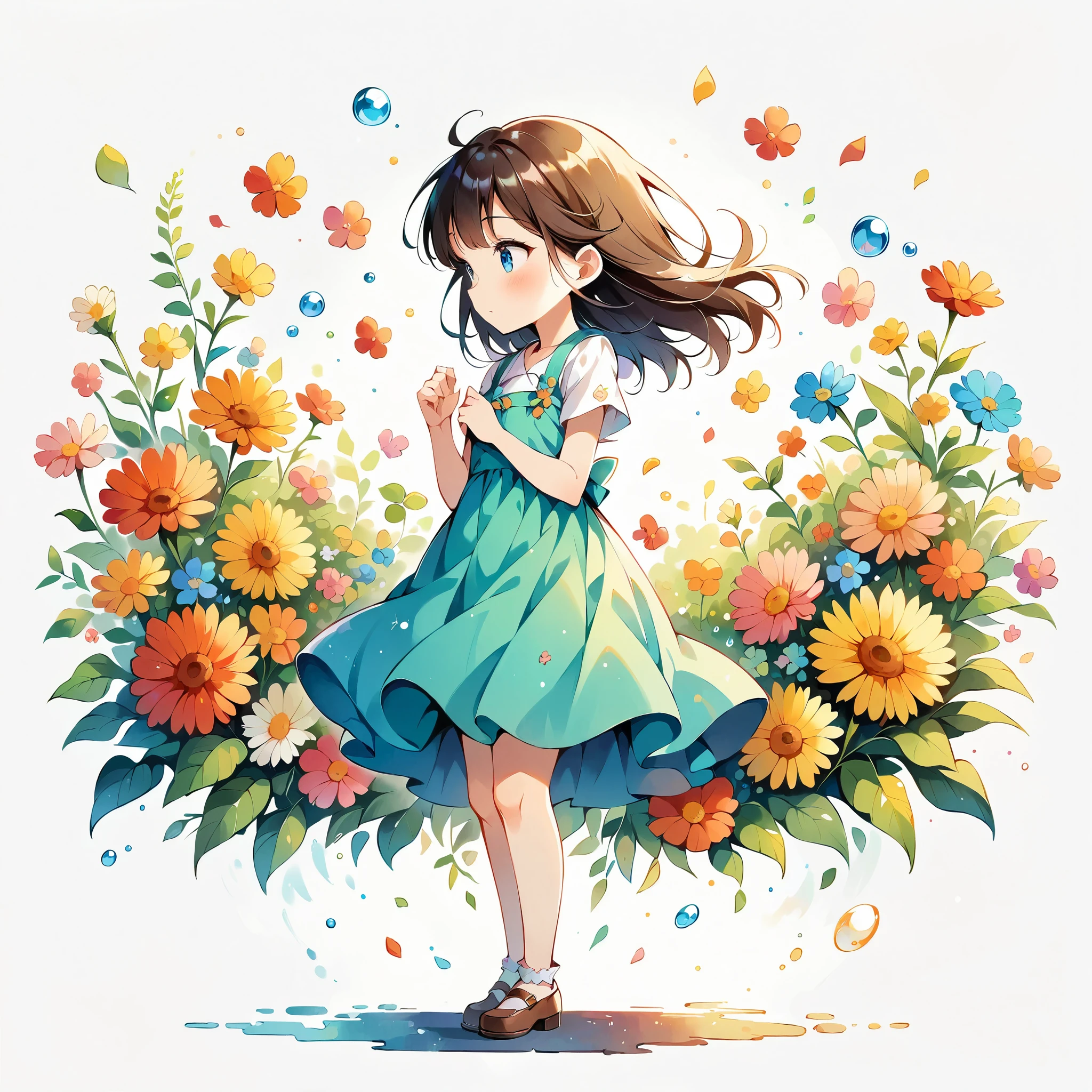 (Anime Style:1.2, masterpiece:1.2),(((1 girl))),((Little, Full body view))), Girl wearing flowers, Watercolor, Simple illustration, Flower storm, Colorful Water Bubbles,