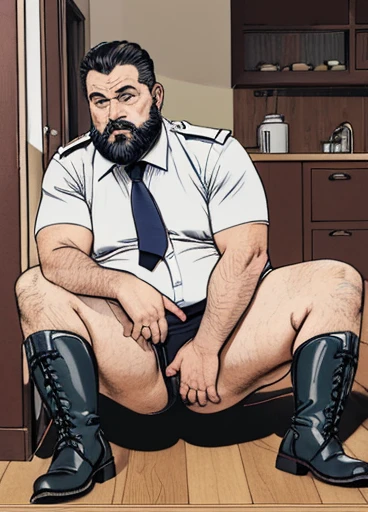 (handsome man plump chubby morbid extremely thick thighs bulging belly fat), older man, gray hair, white man, ( wearing,boots,stubble,police chief,bage,beard,old man,indoors,necktie,sitting,spreadlge, detailed glade on clothing, (fat and corpulent: 1.3), full beard very long, looking at the viewer, handsome man, detailed eyes, symmetrical face, mischievous smile, robust, mustache, longer hair, his body is lying sideways on the floor, front view.