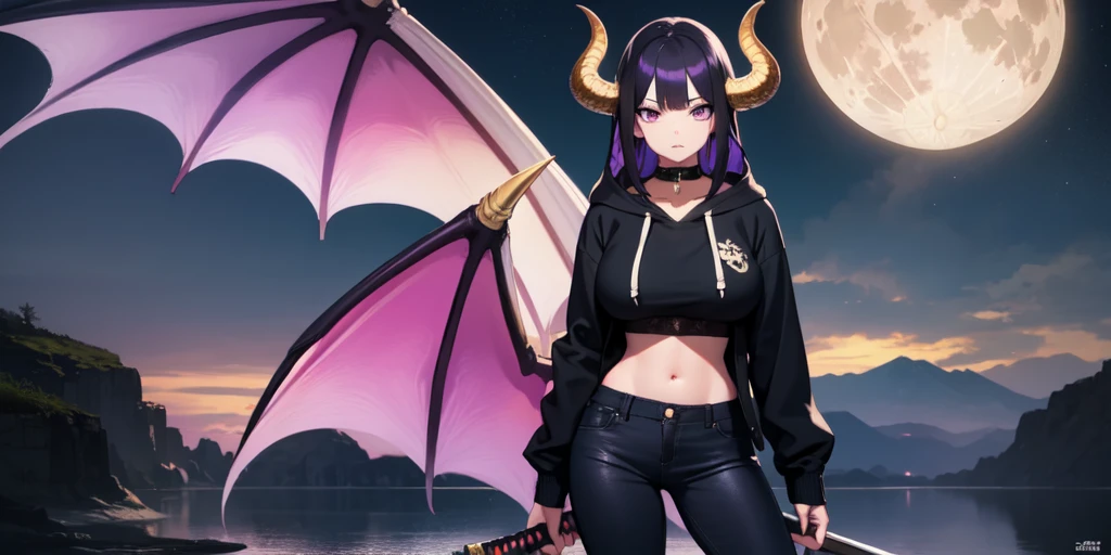 Beautiful woman, badass, sexy, holding katana, collar with bell around her neck, black jeans on her, black hoodie jacket on her, black and purple striped shirt under her hoodie, purple and black hair, dragon tail, dragon wings, black horns on head, large boobs, shy expression, standing up, moon in background, outside, purple eyes, HD, 1080p, perfect quality, hyper realistic, detailed