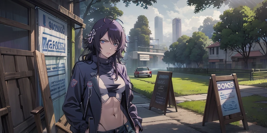 MC, ahoge, (long hari, purple hair:1.3), hair ornament, dark-blue eyes, anatomically correct, heavy breathing, mature female, 1girl, solo,  breasts, looking at viewer, navel, jacket, outdoors, sky, day, midriff, pants, cloud, tree, black jacket, crop top, muscular, abs, denim, goggles, building, goggles on head, jeans, hands in pockets, muscular female, road sign, leather jacket, reflective, (fog:1.3),  hollow eyes, bright pupils, dark-blue eyes, looking at viewer. glowing eyes heavy breathing, expressionless, glaring eyes,