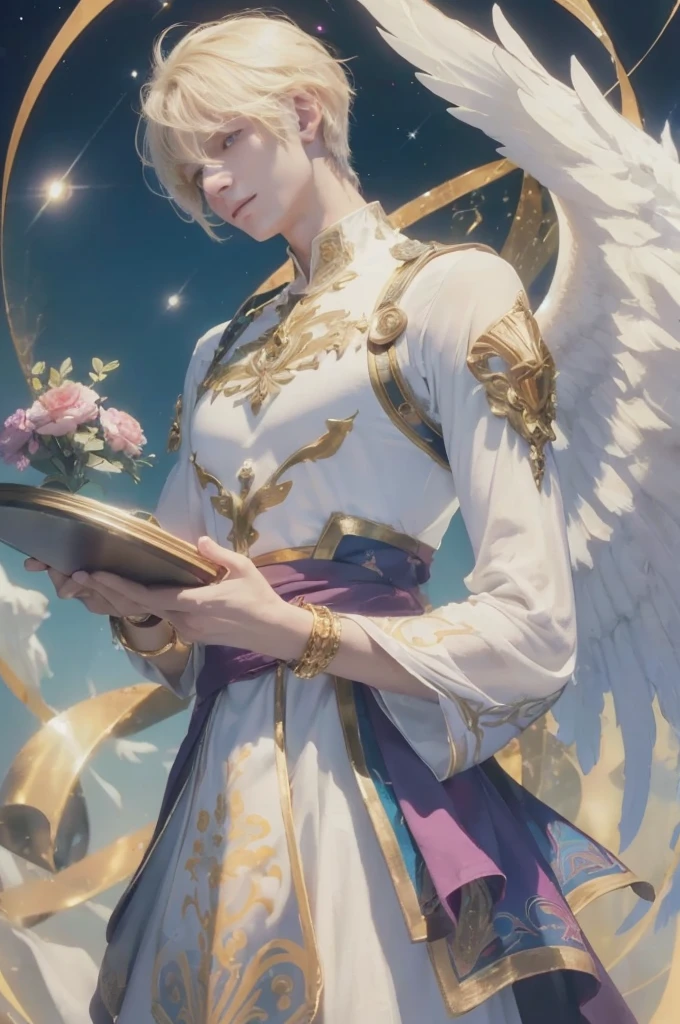 (Masterpiece, Top Quality, High Resolution, 8k), ((Alone in Space, Beautiful Male God, Standing)), (Full Length), Golden Cape, White Toga, Sleeveless, Gold Bracelet, Blonde Hair, Beautiful Brown Eyes, Graceful Movement, Professional Lighting, The Universe is Full of Light, Countless Stars and Nebulae, Fine Sword in Hand)