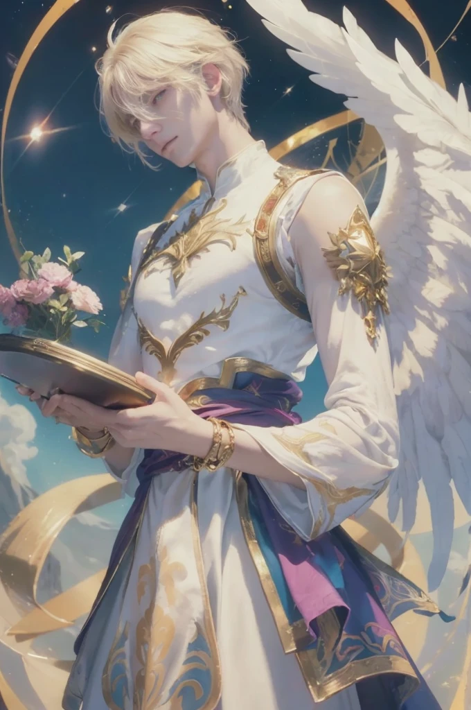 (Masterpiece, Top Quality, High Resolution, 8k), ((Alone in Space, Beautiful Male God, Standing)), (Full Length), Golden Cape, White Toga, Sleeveless, Gold Bracelet, Blonde Hair, Beautiful Brown Eyes, Graceful Movement, Professional Lighting, The Universe is Full of Light, Countless Stars and Nebulae, Fine Sword in Hand)