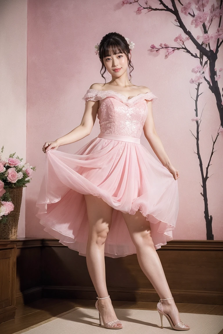 Medium display, Medium Shot, Written boundary depth, Photograph the whole body:1.5, Are standing、Movie angle, masterpiece, Highest quality, Very detailed, CG, 8k wallpaper, Beautiful Face, Delicate eyes, Otome, alone, smile, Pink Dress,  bouquet、High heels、Action pose、Taekwondo stance