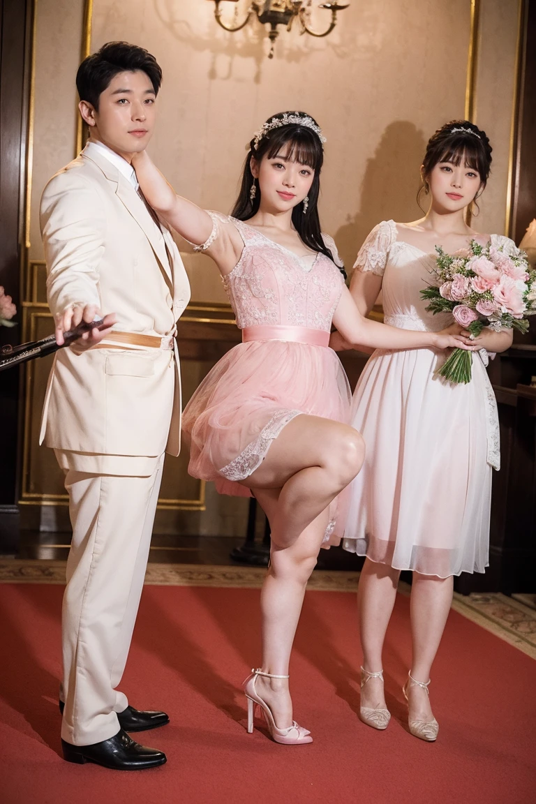 Medium display, Medium Shot, Written boundary depth, Photograph the whole body:1.5, Are standing、Movie angle, masterpiece, Highest quality, Very detailed, CG, 8k wallpaper, Beautiful Face, Delicate eyes, Otome, alone, smile, Pink Dress, bouquet、High heels、Action pose、Taekwondo stance
