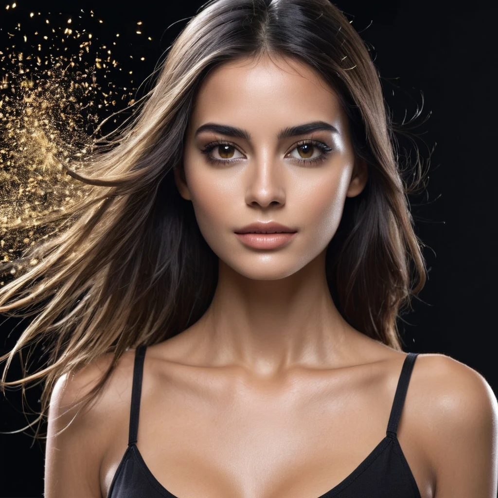 The particle disintegration effect occurs on a beautiful Brazilian model with a black background.
