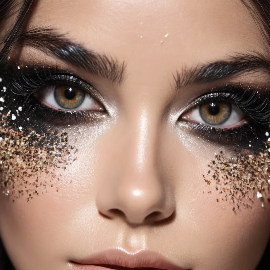 The particle disintegration effect occurs on a beautiful Brazilian model with a black background.