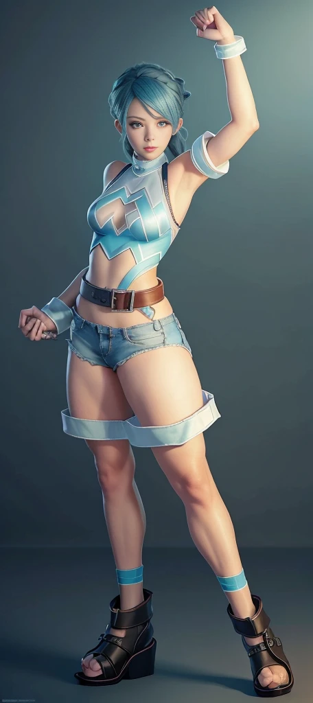 Blue Hair Surrealism, Character table, Reference Table, Standing painting, 8k, Super Detail, 1080P, Women HD, 4K, 8k, 16k, high resolution, best quality, high quality, Anatomically correct, masterpiece, precise, Ultra HD,grace,Unreal Engine,Delicate face,Long braids,slim,Long legs,miniskirt