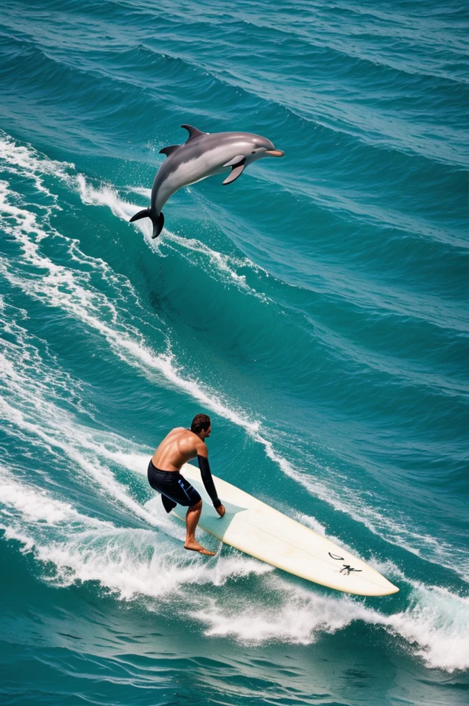 Dolphin holding a surfboard under his arm