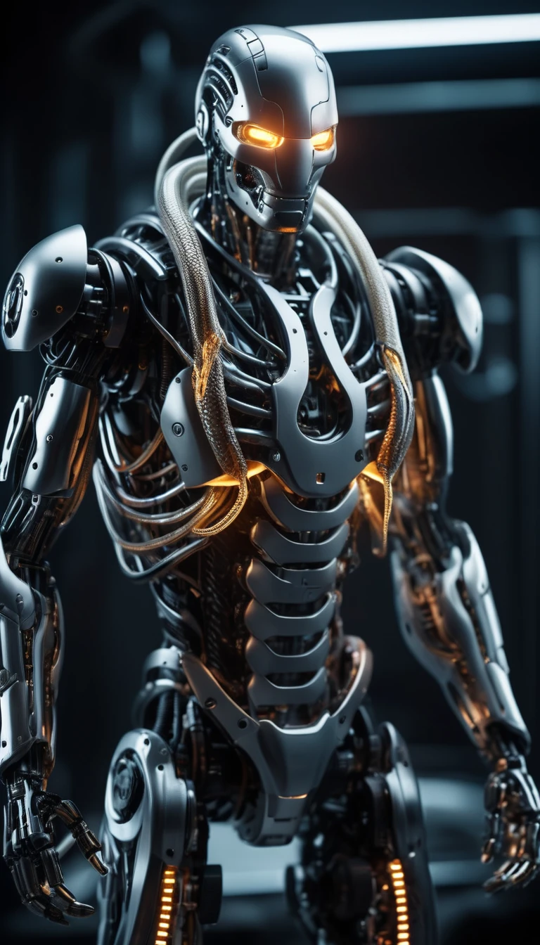 Translucent movie stills (Cybernetic robot snake:1.5), (Glowing Veins:1.3) (The cable enters the body, circuit:1.3), Very detailed, Vignette, Very detailed, High budget, Bokeh, Sulky, amazing, nice, Film Grain, granular