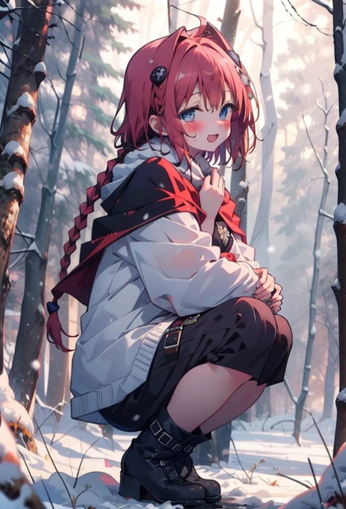 kurosaki mea,Redhead,Long Hair,Long braids,Purple eyes,smile,smile,blush,White Breath,
Open your mouth,snow,Ground bonfire,,Outdoor, boots, snowing, From the side, wood, suitcase, Cape, Blurred, , forest, White handbag, nature,  Squat, Mouth closed, Cape, winter, Written boundary depth, Black shoes, red Cape break looking at viewer, Upper Body, whole body, break Outdoor, forest, nature, break (masterpiece:1.2), Highest quality, High resolution, unity 8k wallpaper, (shape:0.8), (Beautiful and beautiful eyes:1.6), Highly detailed face, Perfect lighting, Extremely detailed CG, (Perfect hands, Perfect Anatomy),