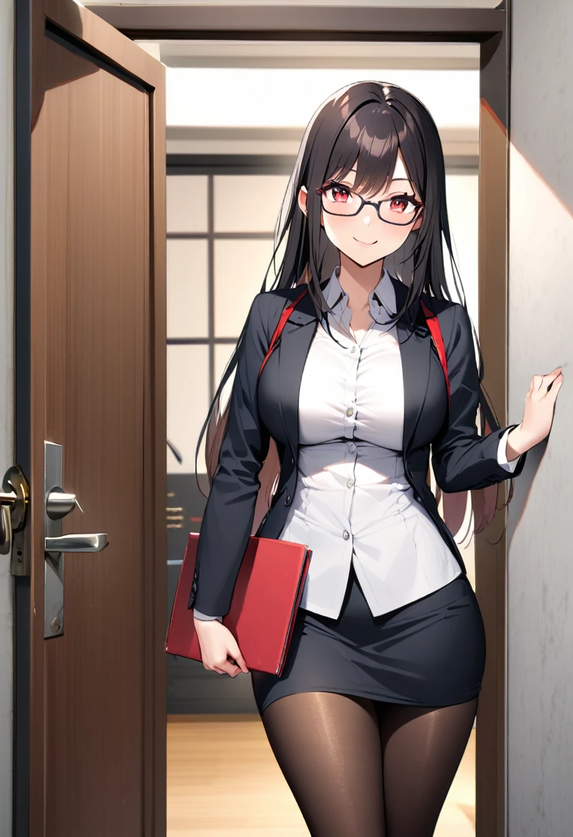 1 girl,black long hair,large breasts,red eyes,business smile,wide hips,curvy,glasses,black suit,miniskirt,black pantyhose,holding a folder with her right hand,entrance