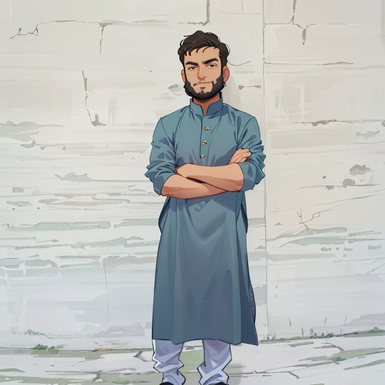 araffe man standing in front of a wall with his arms crossed, wearing a kurta, wearing a silk kurta, full body picture, full body photogenic shot, very very low quality picture, without beard, inspired by Saurabh Jethani, inspired by Bikash Bhattacharjee, profile picture 1024px, riyahd cassiem