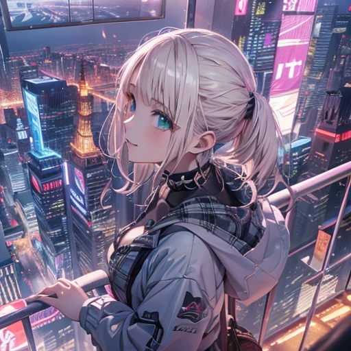 Absurd, High resolution, (公式art, beautifully、aesthetic:1.2), Highest quality、(One Girl:1.8)、(solo:1.7)、Ultra-detailed,Bright colors, Anime Face、Very beautiful face and eyes,Mischievous Smile、(Platinum Blonde Hair:1.4) 、(Short low twin tail),(Pink open hoodie)、huge 、(Cleavage:1.2)、Blushing、(Cyan eyes:1.2)、Late at night、You can see the sea in the distance、Meteors、Rainbow lighting、Building lighting、Diamond dust、Nice views、choker、Small earrings、(Jump)、Raise your hands、(Black Plaid Pleated Skirt),Isometric Future, Anime Style School, Isometric projection, Night Sky, (Urban landscape of the near future), Depth of written boundary, Full HD, Rim Light, Vivid and sharp cinema lighting, Shadowy, chromatic aberration, art：art・ジャーム, Greg Rutowski, square Enix, Unreal Engine 5, FXAA, Isometric Future、Pink light、Purple Light、Yellow-green light、(Cyber City)、(Near future city)、Remains、