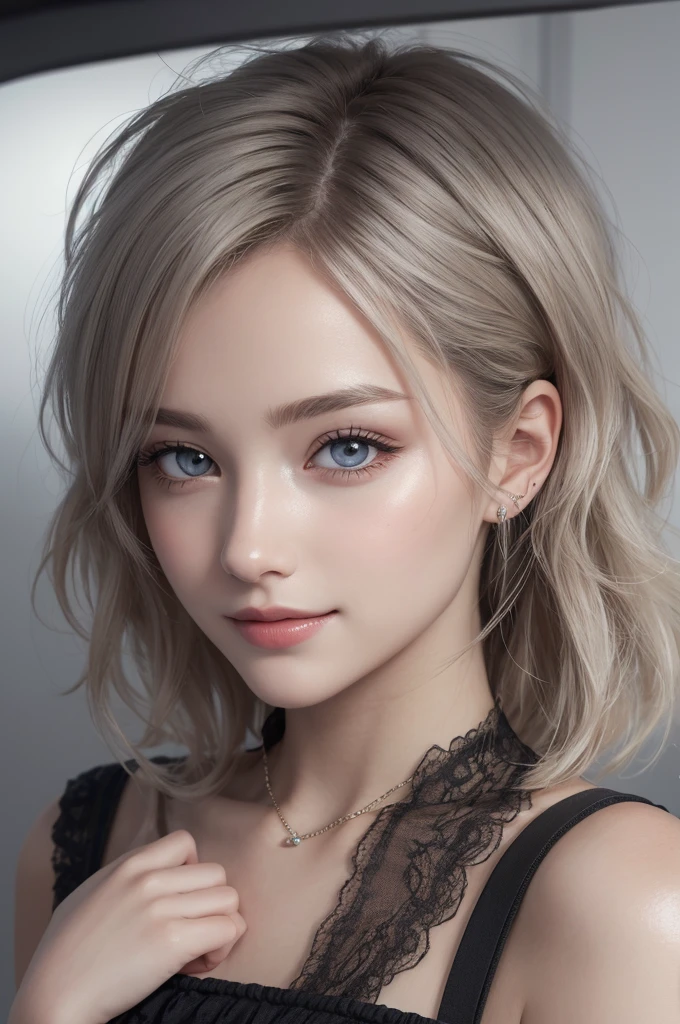 Ultra-realistic eyes、Fashion model, 20 years old, cute, [[[[Watery eyes]]]], [[[[close]]]], [[[[chest]]]], [[[[head]]]], [[[[shoulder]]]], Perfect Eyes, Perfect Iris, Perfect Lips, Perfect Teeth, Perfect Skin, Soft Front Light, shine, High resolution, (Calm colors:1.2), Beautiful Eastern European girl with closed mouth、Amazing beauty、alone、smile、Beautiful Face、Upper Body、Medium Sidecut、Beautiful short grey hairstyles、beautiful little face woman, alone,　Black Theme,　Looking at the audience,one woman, that&#39;It&#39;s real, Volfzan-6500-V1.3, anime、anime style、Beautiful and realistic eyes、Casual Dresses、portrait beautiful detailed woman, Very detailedな目and顔, reality, Beautiful attention to detail, Large file size, Very detailedな, High resolution, Very detailed, Highest quality, masterpiece, An illustration, Very detailed, Ticker, Unity, 8K Painting Wallpaper, Are you okay, Are you okay details, masterpiece, Highest quality, HVery detailed Ticker uniform 8K wallpaper, Face Light Movie Lighting、cute blouse, Dark Background, Oil, masterpiece, Diffused soft film lighting, Portraiture, Highest quality (Perfect Face:1.4),素晴らしい女の子のphotograph,(8Kand、Realistic:1.25) 、(Lip gloss、eyelash、Shining Face、Shiny skin、Highest quality、超High resolution、Written boundary depth、chromatic aberration、Corrosive road lighting、Natural Shading、woman, (Ultra reality的 eyes, High resolution), (High resolutionの目, High Definition Hair, High resolutionの顔, High-quality plump lips), (chest元オープンオフショルダー), bust, Upper Body, Affectionate smile, (Best image quality: 1.4), RAWphotograph, (reality的, photograph: 1.37), Professional Photographer, Film-like light, (Fine Plane: 1 . 2),woman1名, (Ultra reality的, High resolution), (High resolutionの目, High Definition Hair, High resolutionの顔, High-quality plump lips), (Open breasted off shoulder), bust, Upper Body, Adorable smile, (Highest quality:1.4), RAWphotograph,model Body Type, Body Type,chestの谷間, Tropical Beach, Long and slender legs Translated with DeepL.and (Free version)