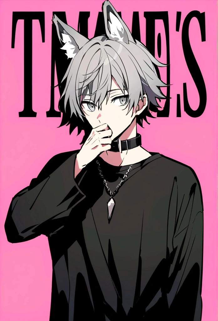 Anime-style young man dressed in black and gray. on a Pink Background, Men&#39;s Center, One boy, Animal ears, alone, shirt, Pink Background, collar, black shirt, Simple Background, jewelry, Gray Hair, Hold your mouth,short hair、whole body、Times Square at night