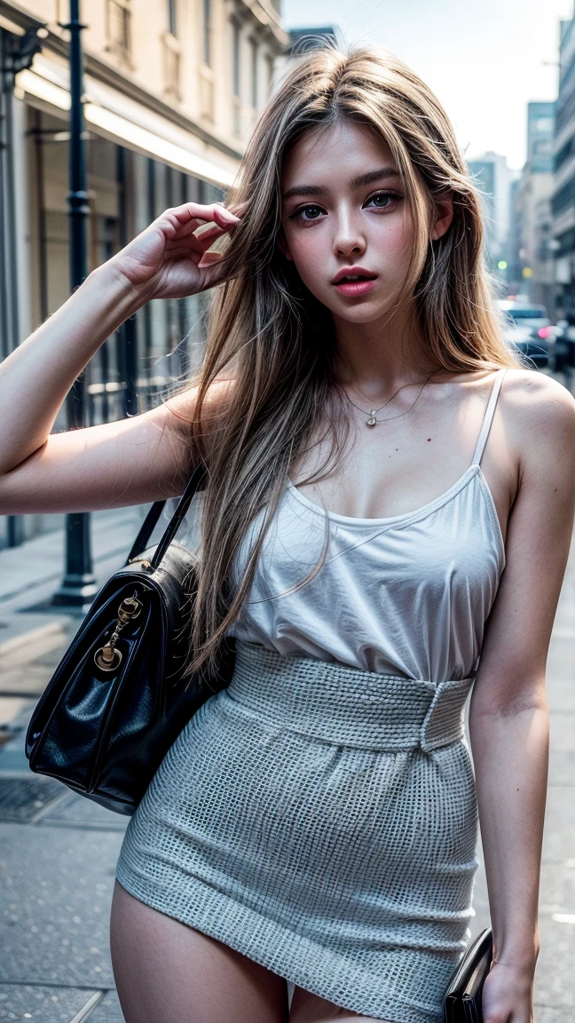 pelo largo y blanco, pelo largo y blanco, (pelo hasta la cintura), cabello brillante, cabello detallado, pelo despeinado, Blue Eyes, hermosos ojos, ojos y rostro extremadamente detallados, Hermosos ojos detallados, ultra detallado, Luz en la cara, Piel blanca, an 18 year old girl, blanca, Wearing a summer collection inspired by Dior, Milan Fashion Week, BAPV, Bolsa de Nueva York(Bolsa de Nueva York(Bolsa de Nueva York(Bolsa de Nueva York(Bolsa de Nueva York(Bolsa de Nueva York(NYFW)))))), ropa adornada,bermudas, estilo de moda, todo el cuerpo, feliz, Arquetipo creativo, looking to the camera, gafas de sol dior