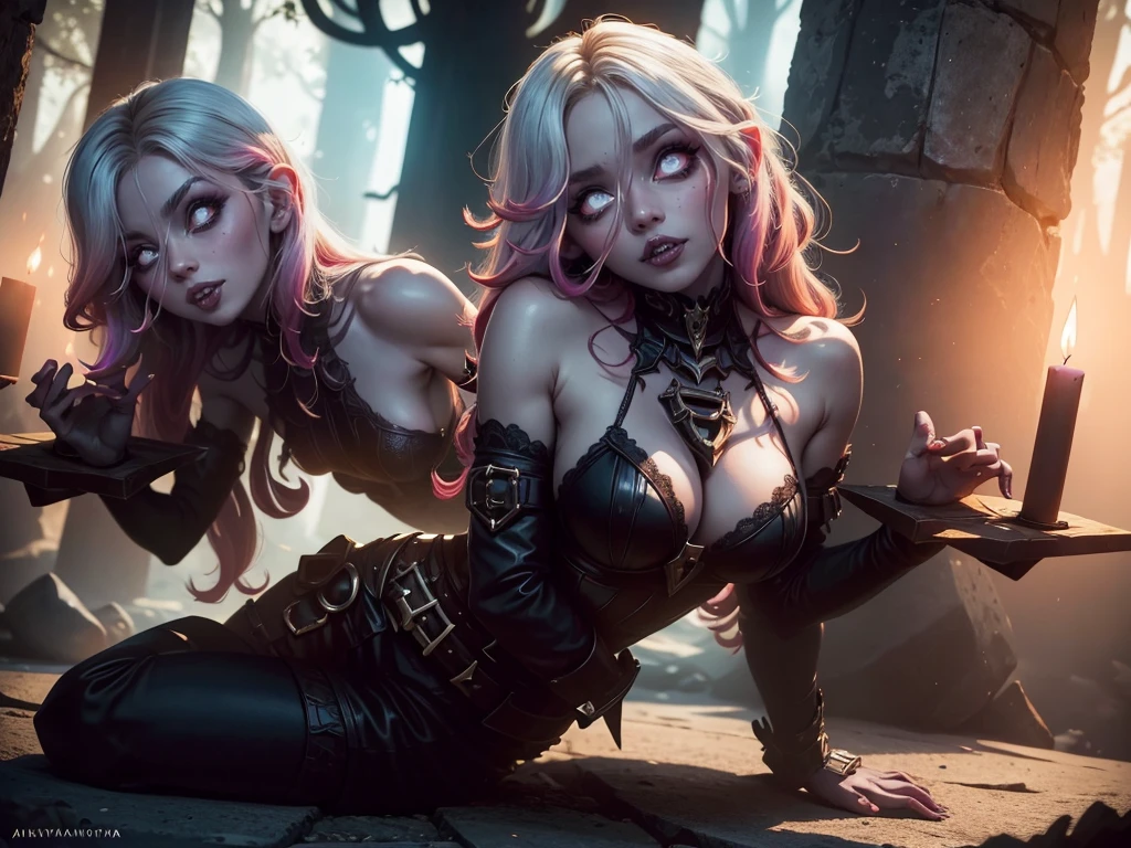 Personajes principales: Varias versiones de Briar, each with different styles of clothing but maintaining a dark and enigmatic sensuality.
Briar 1: She wears a tight-fitting black leather corset with lace details and a matching short skirt, combinados con botas altas hasta el muslo. Lleva un collar de gargantilla y guantes largos de encaje.
Briar 2: Lleva un vestido largo y ajustado de terciopelo negro con aberturas laterales y un escote pronunciado. Complementa su atuendo con joyas plateadas y un par de tacones altos.
Briar 3: She wears a black lace lingerie set with a semi-sheer silk kimono, dejando entrever su figura. His feet are bare, and her hair is loose and tousled in a provocative way.
Briar 4: Wears a modern gothic outfit, con pantalones de cuero ajustados, una blusa corta con mangas largas y detalles de malla, y botas de combate. Her makeup is dramatic, con labios oscuros y ojos ahumados.
Ambiente:
Escenario: In a dark and mystical environment, like a forest at night illuminated by the light of the full moon filtering through the trees. The atmosphere is full of mystery and sensuality, con sombras que juegan en el suelo y una niebla ligera que envuelve el lugar. Some torches or flickering lights create a gothic and enigmatic atmosphere.
Elementos adicionales: A lo lejos, se pueden ver ruinas antiguas o un castillo en sombras, adding a touch of mystery and antiquity to the scene.