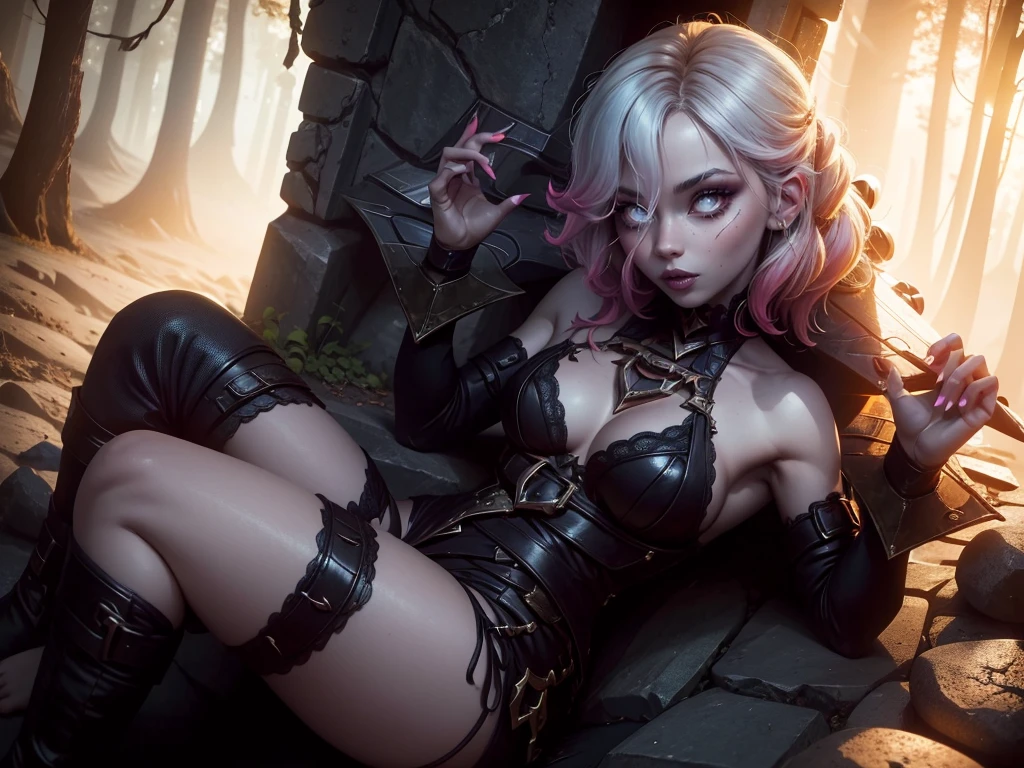 Personajes principales: Varias versiones de Briar, each with different styles of clothing but maintaining a dark and enigmatic sensuality.
Briar 1: She wears a tight-fitting black leather corset with lace details and a matching short skirt, combinados con botas altas hasta el muslo. Lleva un collar de gargantilla y guantes largos de encaje.
Briar 2: Lleva un vestido largo y ajustado de terciopelo negro con aberturas laterales y un escote pronunciado. Complementa su atuendo con joyas plateadas y un par de tacones altos.
Briar 3: She wears a black lace lingerie set with a semi-sheer silk kimono, dejando entrever su figura. His feet are bare, and her hair is loose and tousled in a provocative way.
Briar 4: Wears a modern gothic outfit, con pantalones de cuero ajustados, una blusa corta con mangas largas y detalles de malla, y botas de combate. Her makeup is dramatic, con labios oscuros y ojos ahumados.
Ambiente:
Escenario: In a dark and mystical environment, like a forest at night illuminated by the light of the full moon filtering through the trees. The atmosphere is full of mystery and sensuality, con sombras que juegan en el suelo y una niebla ligera que envuelve el lugar. Some torches or flickering lights create a gothic and enigmatic atmosphere.
Elementos adicionales: A lo lejos, se pueden ver ruinas antiguas o un castillo en sombras, adding a touch of mystery and antiquity to the scene.