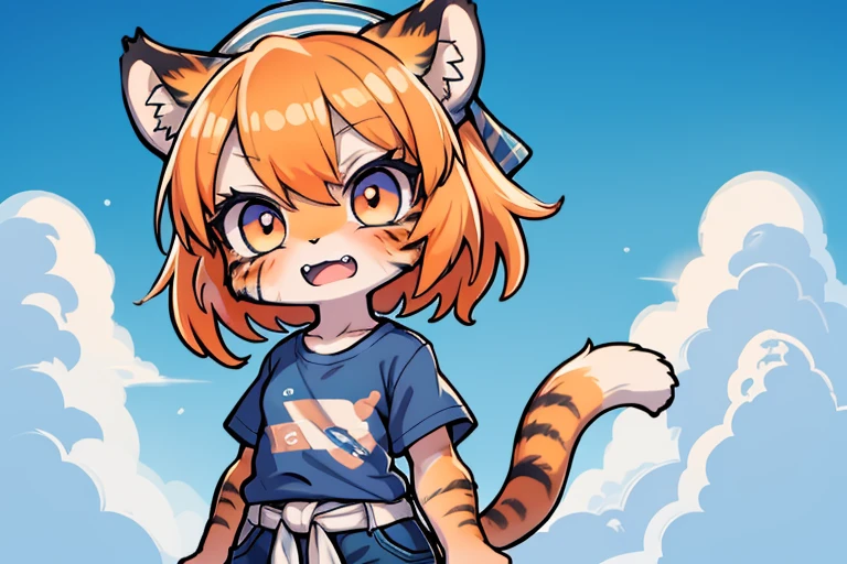 (masterpiece, High quality, Best quality, 8k, High resolution), ((chibii style, chibi cute)), (solo, 1 kid girl), {tiger girl, tiger face, 2 fangs, long eyelashes, eyeliner} {tiger whiskers}, (((Tiger skin all over the body, Tiger stripes on the body))), short hair, (orange hair), hat, ((blue headscarf)), ((very tired, very bored, sweating)), ((open mouth)), orange eyes, [black pupile], ((staring)), (very small breasts), thin arms, broom, (((very dirty blue t-shirt, blue t-shirt, white shorts))), {{{mini tiger Tail, Tail on the back}}}, (upper body), (((standing, sweeping, dynamic angle))), dynamic pose, sea background, (sky, clouds, sunlight, wind), ((((Tora-chan no Hanayome style)))), (old anime 40s style), anime style.