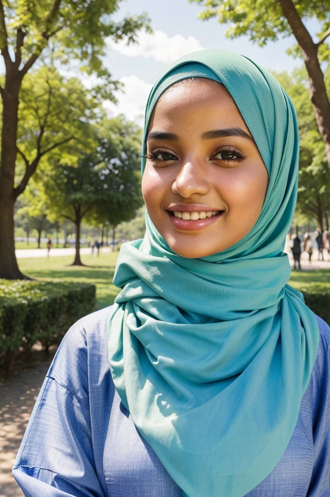 ((best quality)), ((masterpiece)), (detailed), perfect face A young Muslim girl wearing a stylish hijab stands confidently, smiling warmly as she enjoys a sunny day in the park. Her vibrant hijab complements her modest outfit, reflecting her culture and personal style. She exudes grace and confidence, embodying both her faith and modern sensibilities.
