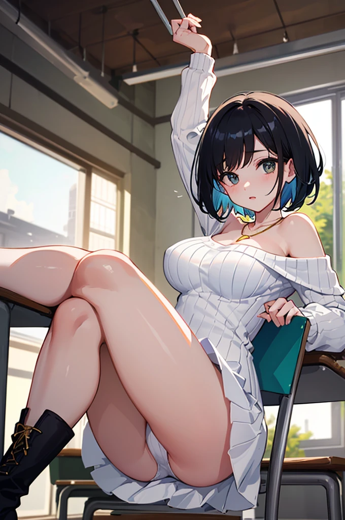 solo、Female college student、(Big Breasts、Big Tits)、(Black Hair、Very Short Hair、Boyish cut)、(White off-shoulder ribbed knit、white long sleeves white、White dress white、White Micro Mini White、White mesh panties)、Gold Necklace、(Bare thighs、Smooth thighs)、Black short boots、Stand with your legs spread wide、University、classroom