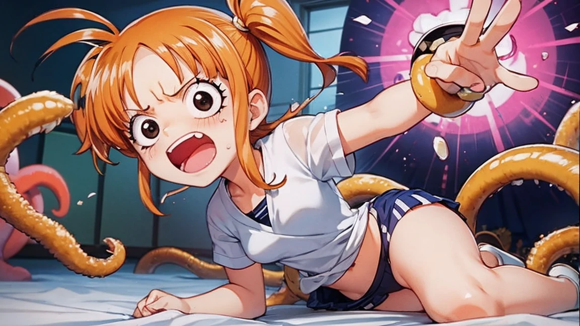 Highest quality,Highest quality,One girl,10 years old,Mouth closed,orgasm,blush, Sweat,Nanoha Takamachi,Takamati Nanoha,Twin tails,Hair Ribbon,((One Piece Uniform:1.3)),classroom、White panties、Squat、Look at this、skirt、、Attacked by tentacles、Tentacles wrap around my legs、Tentacles in the crotch、Captured by tentacles、cry、shout、Ecstasy face、skirtの中の触手、Do not run away、Lying down、Torn clothes、skirtの下からスパッツが見えます、Spread your legs、Disheveled clothing、skirtをめくった、