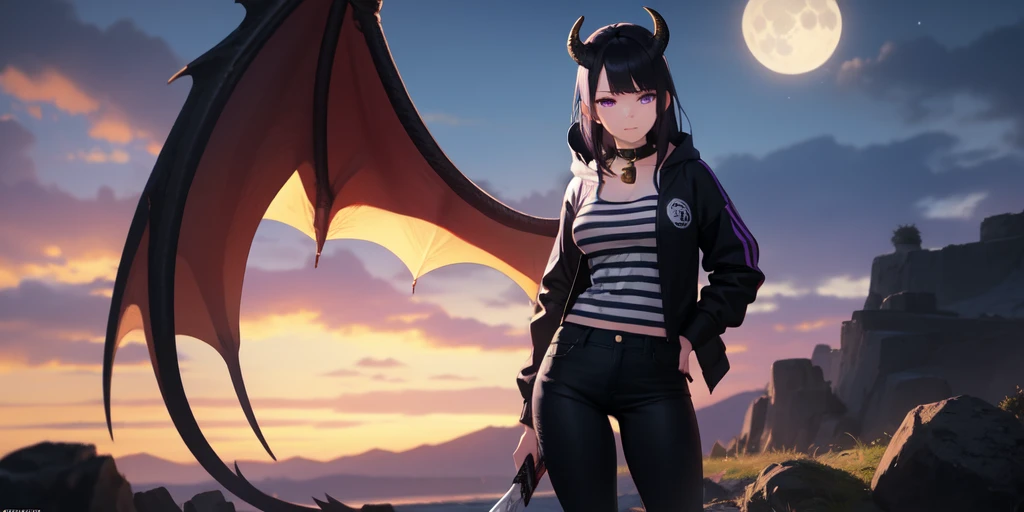 Beautiful woman, badass, sexy, holding katana, collar with bell around her neck, black jeans on her, black hoodie jacket on her, black and purple striped shirt under her hoodie, purple and black hair, dragon tail, dragon wings, black horns on head, large , shy expression, standing up, moon in background, outside, purple eyes, HD, 1080p, perfect quality, hyper realistic, detailed