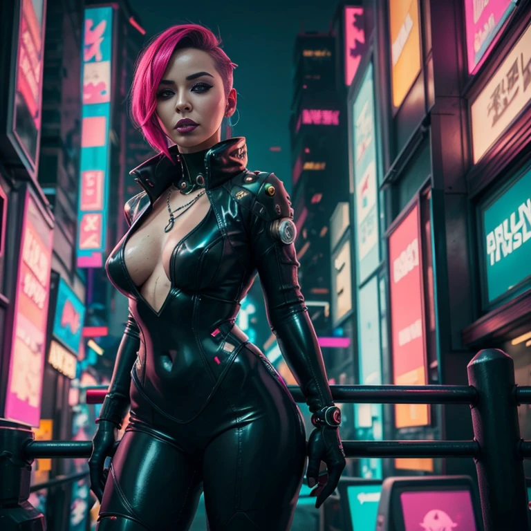 a close up of a woman in a wetsuit posing for a picture, super villain, park black leather costume, full-cosplay, cosplay pink hair, dressed in black leather, leather body suit, wearing atsuko kudo latex outfit, professional cosplay, villainess, wearing black latex outfit, cleavage, necklace, (cyberpunk background:1.5)