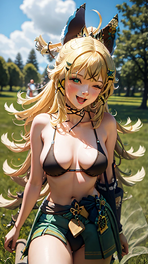 naked, nude, vagina, ta, outside, small breasts, fifteen years old, open mouth, happy, smiling, sunny, happy, bright sunlight, grass, hair ornament, blonde hair, green hairstreak, from below, masterpiece, best quality