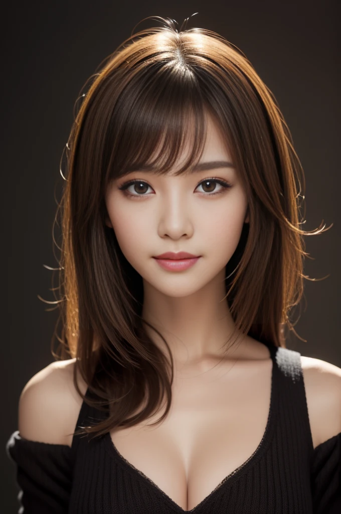 masterpiece, Highest quality, Super detailed, 複雑に詳細なSuper detailed, Realistic, Sharp features, Very detailed, Sharp focus, Perfect Face, Perfect Face, Perfect symmetrical perfect eyes, Perfect Plump Lips, Flexible female form, Cinematic, Film Light, Super detailed, hyper Realistic, High resolution, Vibrant, Dynamic Studio Lighting, ((Dark Background)), (A modest smile), Light brown hair, Asymmetrical Hair, Asymmetrical bangs, Messy Hair, Exposed cleavage, Brown eyes, Black sweater, Cowboy Shot,