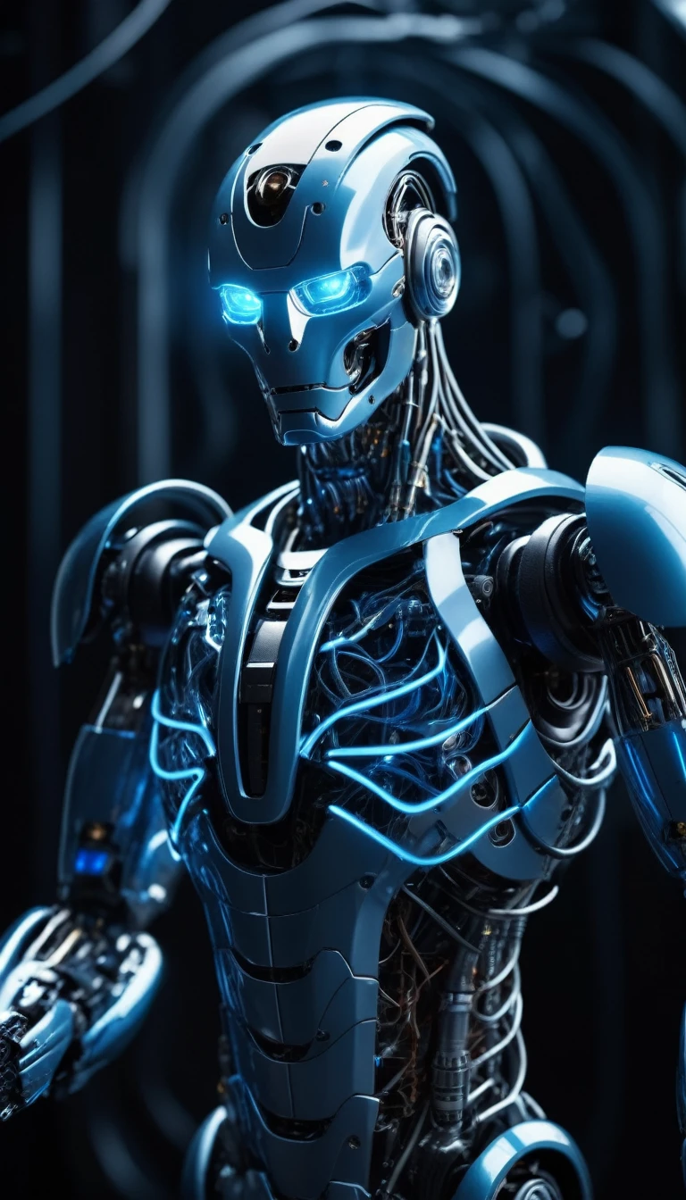 Translucent movie stills (Cybernetic robot cobra:1.5), (Blue glowing veins:1.3) (The cable enters the body, circuit:1.3), Very detailed, Vignette, Very detailed, High budget, Bokeh, Sulky, amazing, nice, Film Grain, granular