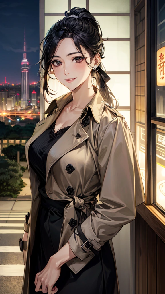 (masterpiece:1.2, Highest quality), (Realistic, photoRealistic:1.4), Beautiful illustrations, (Natural Side Lighting, Cinema Lighting), ,
View your viewers, 1 Girl, Japanese, 30 years old,Perfect Face, Cute and symmetrical face, Shiny skin,
(ponytail, Black Hair), Brown eyes, Long eyelashes, (Large Breasts:0.8),
Beautiful Hair, Beautiful Face, Beautiful attention to detail, Beautiful clavicle, Beautiful body, Beautiful breasts, Beautiful thighs, Beautiful feet, Beautiful fingers,
blouse, ((白いblouse, 開いた茶色のtrench coat)), trench coat, Black Skirt, Hair Ribbon,
(Beautiful views), (night), (city, cityscape in the distance)、 Standing, A soft smile、(Smile, Lips parted),