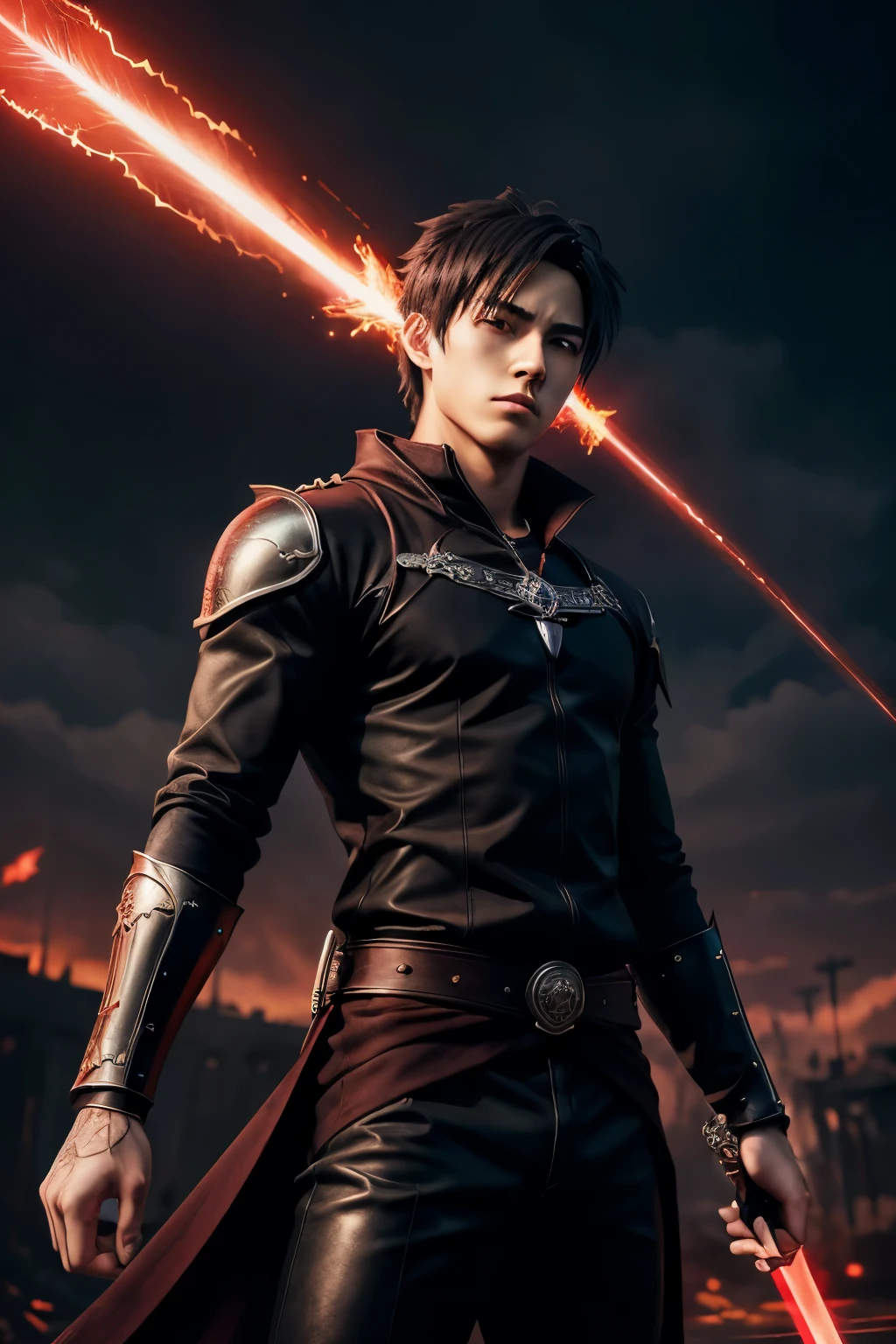 a dynamic anime-style logo, a young anime boy with black clothes, crown, and sword, standing heroically, dramatic red background, digital art, detailed face, intricate shading, cinematic lighting, (best quality,4k,8k,highres,masterpiece:1.2),ultra-detailed,(realistic,photorealistic,photo-realistic:1.37),vibrant colors,cinematic composition,dramatic pose,powerful anime character,detailed anime style,heroic stance,red background,dark clothing,crown,sword,digital illustration,cinematic lighting,professional digital art