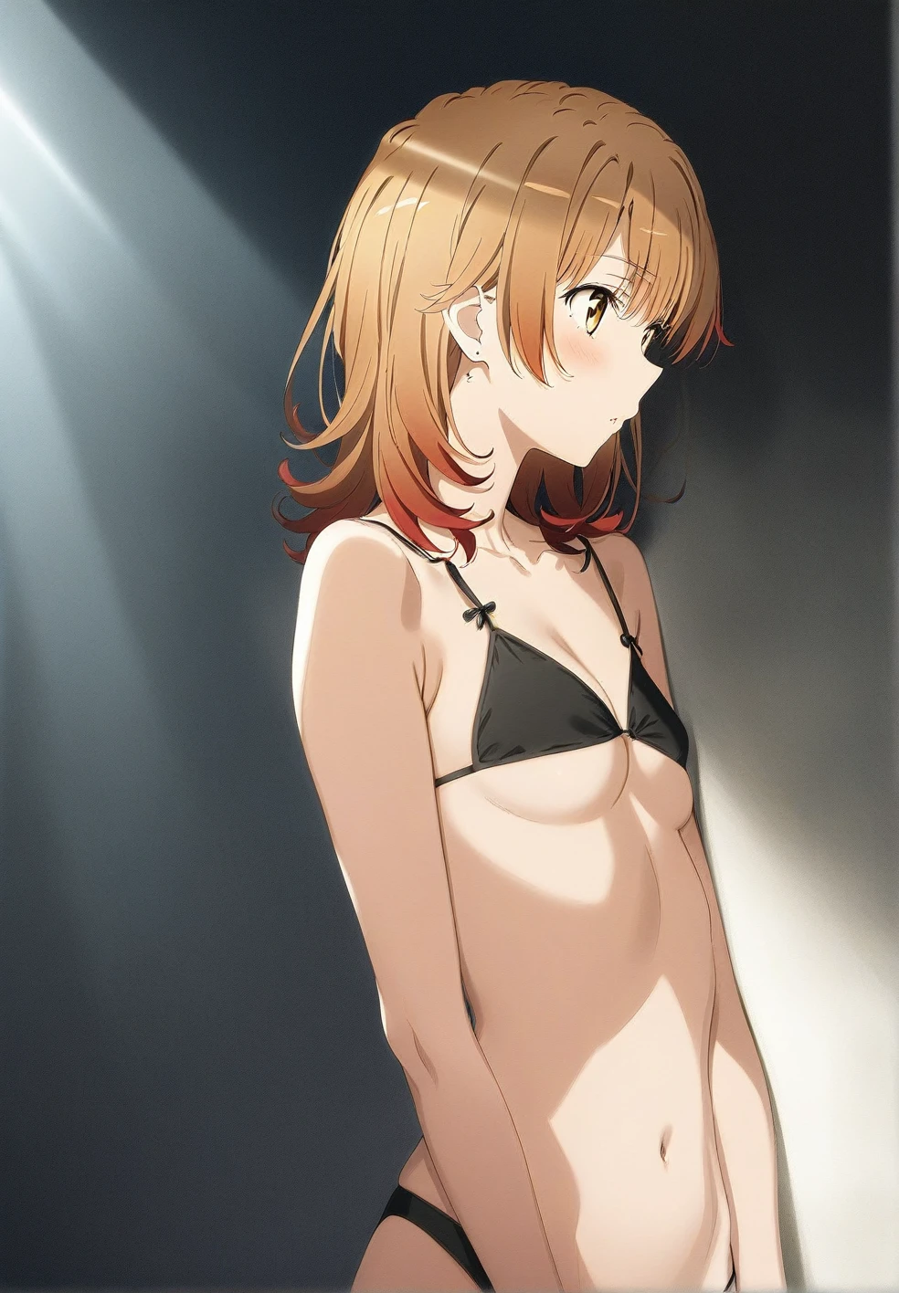 1girl, (isshiki iroha, yahari ore no seishun lovecome wa machigatteiru:1.5), brown hair, brown eyes, black bikini, thigh, perfect face, perfect anatomy, light rays, extremely delicate body, smooth skin, feminine expression, (cristal clear eyes, beautiful face), (cinematic light:1.5), (artist m-da s-tarou:0.2), (best quality)