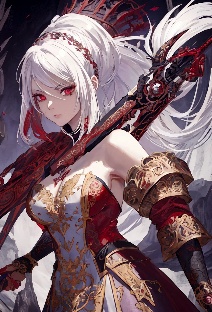 a woman with white hair and red streaks, neutral facial expression, detailed red eyes, holding a large ornate purple sword, detailed eyes, extremely detailed sword, cinematic dramatic lighting, fantasy, concept art