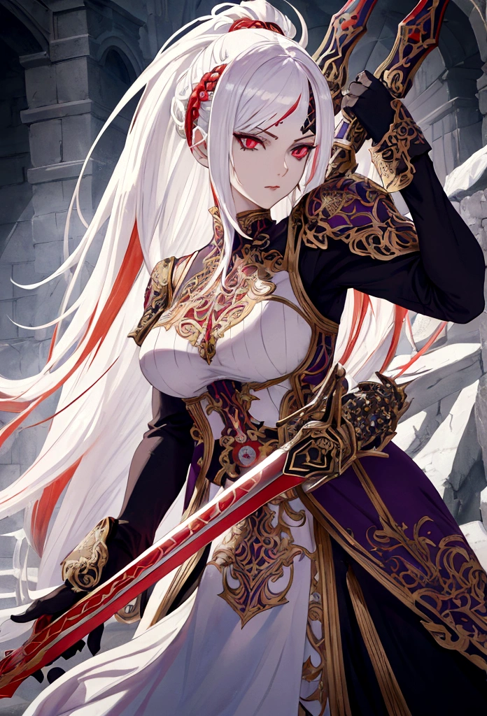 a woman with white hair and red streaks, neutral facial expression, detailed red eyes, holding a large ornate purple sword, detailed eyes, extremely detailed sword, cinematic dramatic lighting, fantasy, concept art