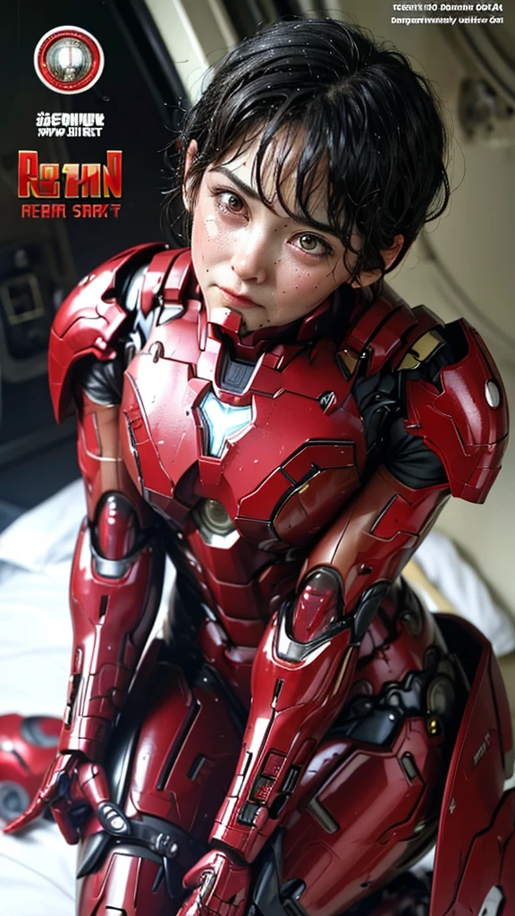 Highest quality　8k Red Iron Man Suit Girl　Middle-aged women　Sweaty face　cute　short hair　boyish　Steam coming out of my head　My hair is wet with sweat　The feel of black hair　Full body portrait　My upper body is soaked　 　I can see the vagina　Lying in bed