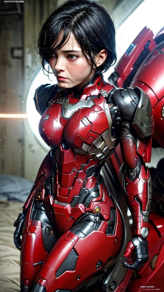 Highest quality 8k Red Iron Man Suit Girl Middle-aged women Sweaty face cute short hair boyish Steam coming out of my head My hair is wet with sweat The feel of black hair Full body portrait My upper body is soaked I can see the vagina Lying in bed