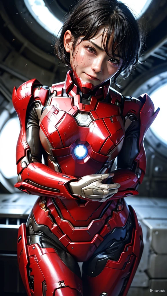 Highest quality　8k Red Iron Man Suit Girl　Middle-aged women　Sweaty face　cute　short hair　boyish　Steam coming out of my head　My hair is wet with sweat　The feel of black hair　Full body portrait　My upper body is soaked　 　I can see the vagina　Lying in bed