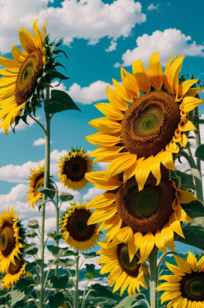 Crea una imagen abstracta y creativa, where a camera and sunflowers come out, that the two are connected but that it is understood that each thing is different