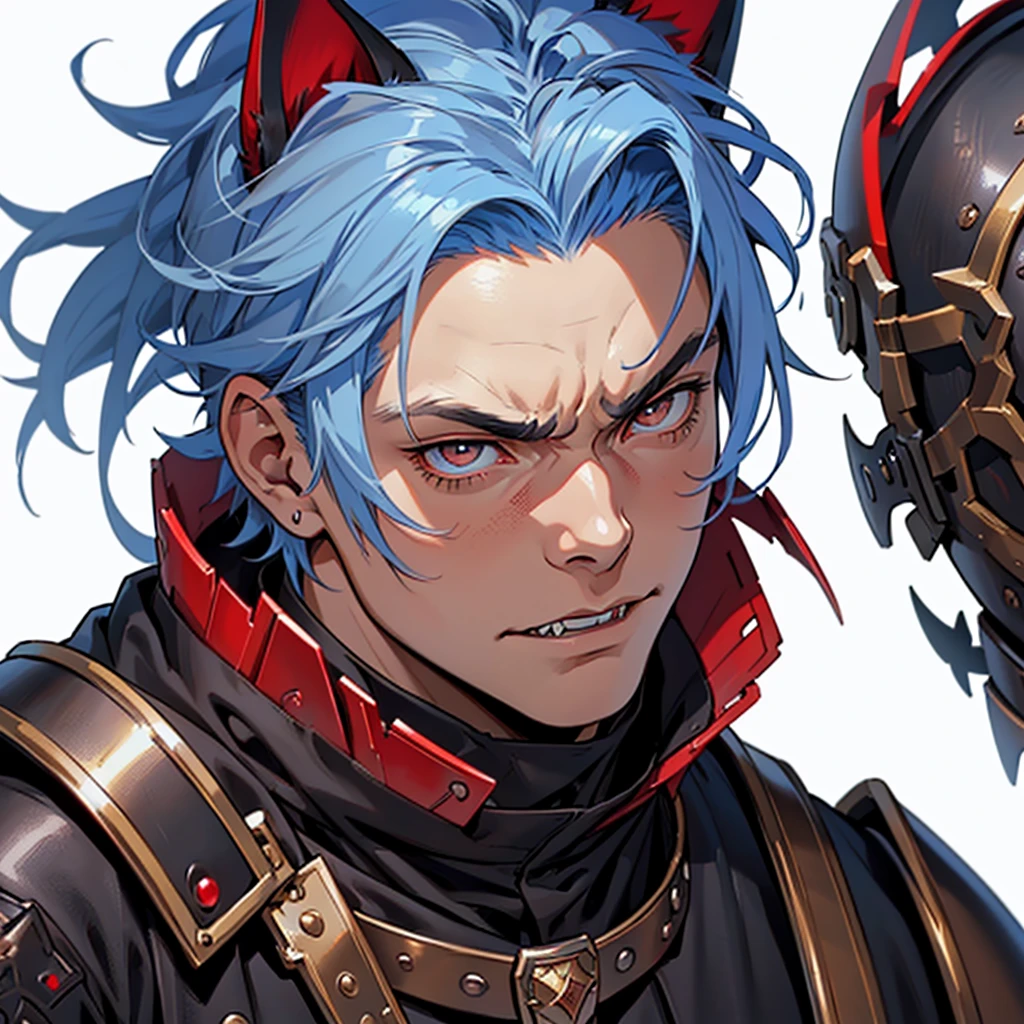 anime medieval art, masterpiece, best quality, male, solo, (((close-up face portrait))), detailed composition, detailed eyes, (((white background))), short spiky blue hair, brown eyes, angry face, (((wearing black clothes with red medieval armor))), cat ears, fangs