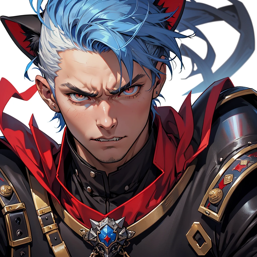 anime medieval art, masterpiece, best quality, male, solo, (((close-up face portrait))), detailed composition, detailed eyes, (((white background))), short spiky blue hair, brown eyes, angry face, (((wearing black clothes with red medieval armor))), cat ears, fangs